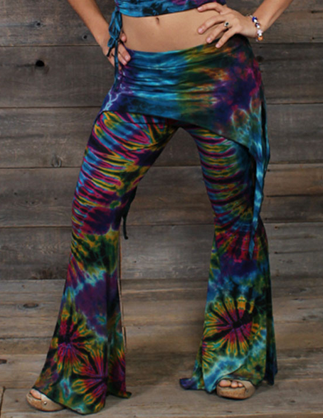 Women's Spandex Rayon Mudmee Tie-Dye Open Leg Booty Pants w/ Angle Cut Skirt Layer