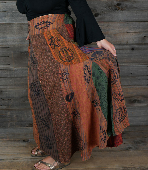 Women's Cotton Grateful Dead Symbol Print Paneled Patchwork Maxi Skirt