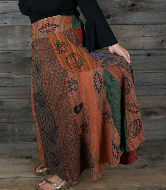 Women's Cotton Grateful Dead Symbol Print Paneled Patchwork Maxi Skirt