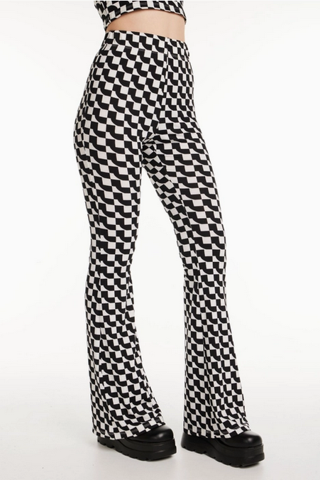 Women's Warped Checker Print Flare Pants