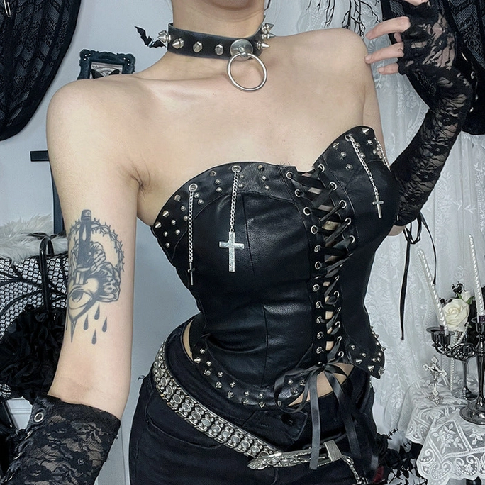 Women's Punk Strapless Pu Tube Top