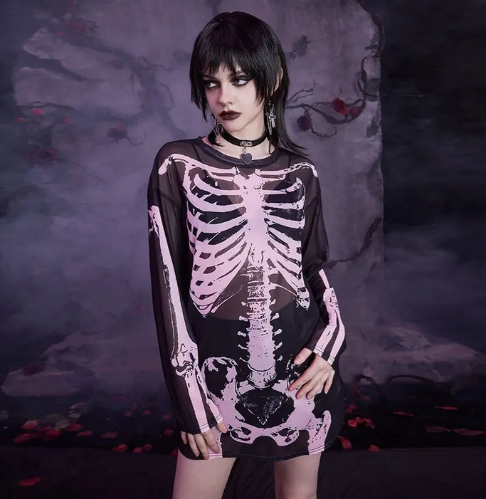 Women's Mesh Skeleton Print Long Sleeve T-Shirt