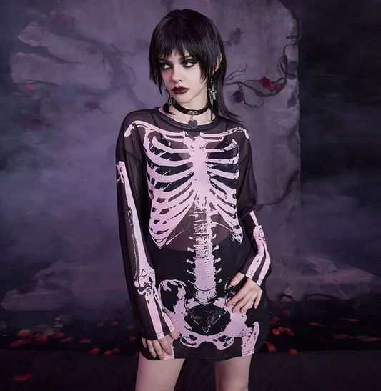Women's Mesh Skeleton Print Long Sleeve T-Shirt