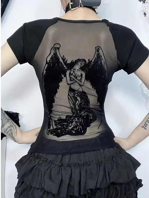 Women's Backless Flocked Angel T-Shirt