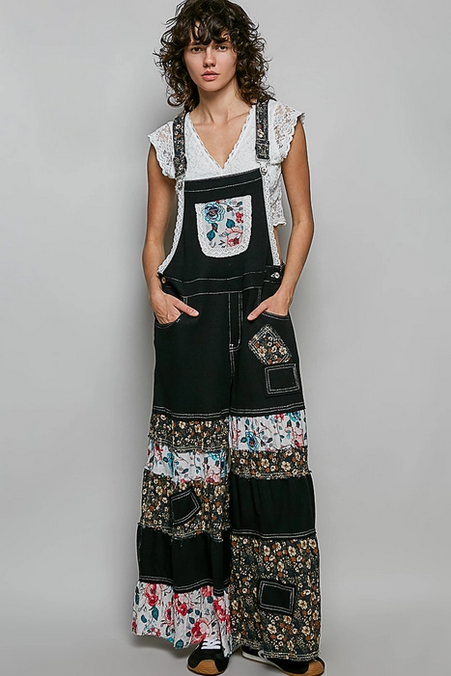 Unisex Mixed Print Fabric Ruffle Wide Leg Overalls