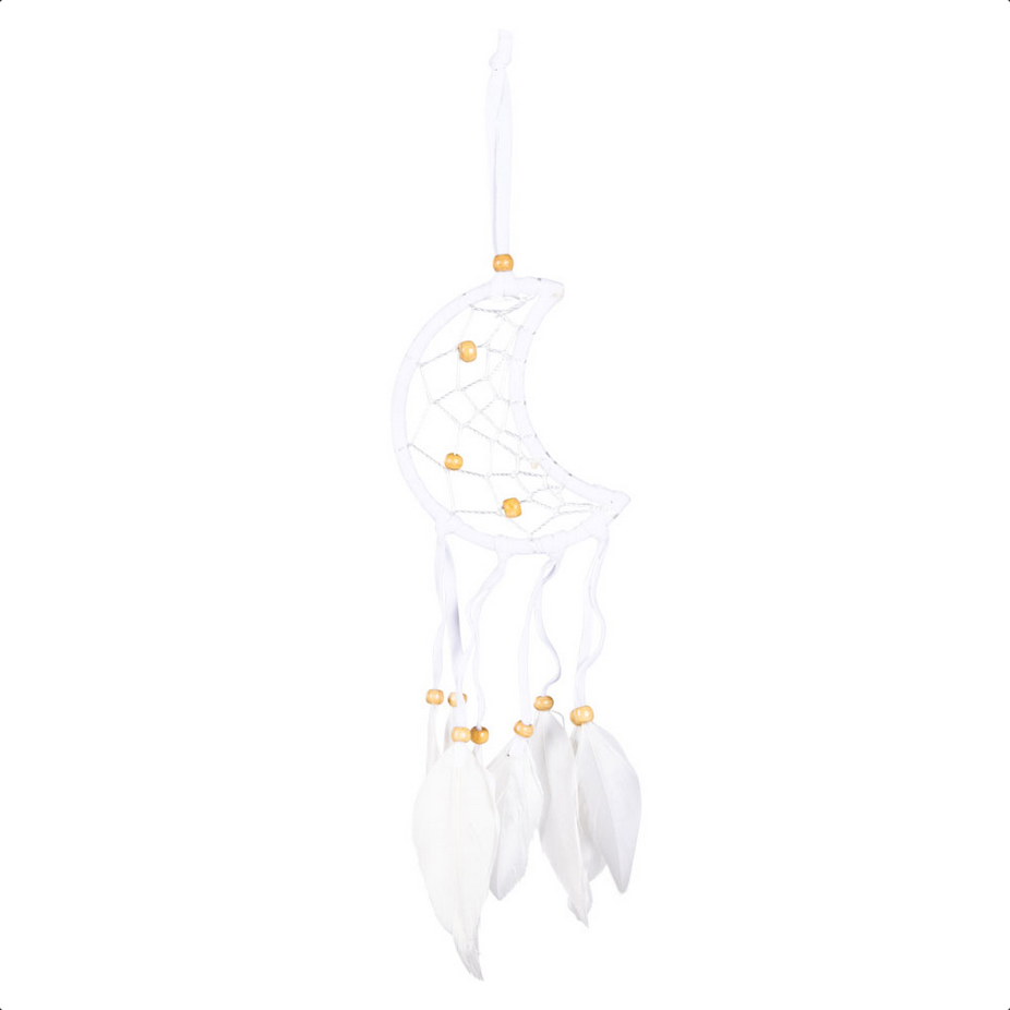 White Crescent Moon Dreamcatcher w/ Wooden Beads