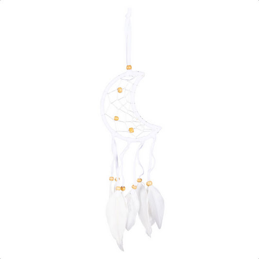 White Crescent Moon Dreamcatcher w/ Wooden Beads