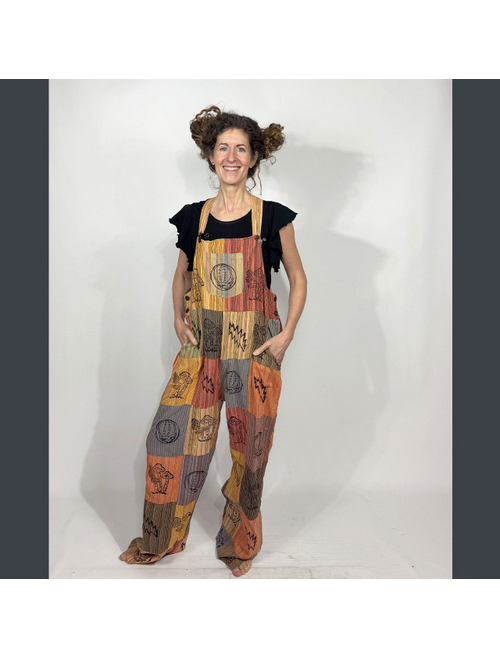 Unisex Striped Cotton Stonewash Patchwork Overall Multi Grateful Dead Print