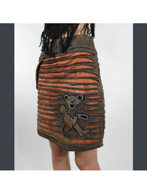 Women's Spandex Tie Dye Dye Stonewash Razor Cut Mini Skirt w/ Attachted Pocket & Tonal Grateful Dead Bear Embroidery