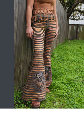 women's Cotton Spandex Tie Dye Dye Stonewash Razor Cut Booty Pants w/ Tonal Grateful Dead Bear Embroidery