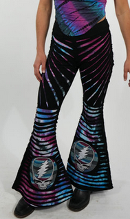 Women's Cotton Spandex Tie Dye Razor Cut Booty Pants w/ Grateful Dead Steal Your Face Tonal Embroidery