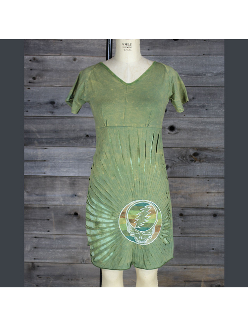 Women's Cotton Lycra Razor Cut Cap Sleeve Short Dress w/Grateful Dead Steal Your Face Rainbow Embroidery