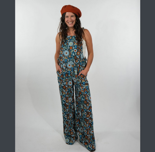 Women's Cotton Spandex Groovy All Over Mushroom Print Adjustable Spaghetti Strap Overalls w/ 4 Pockets