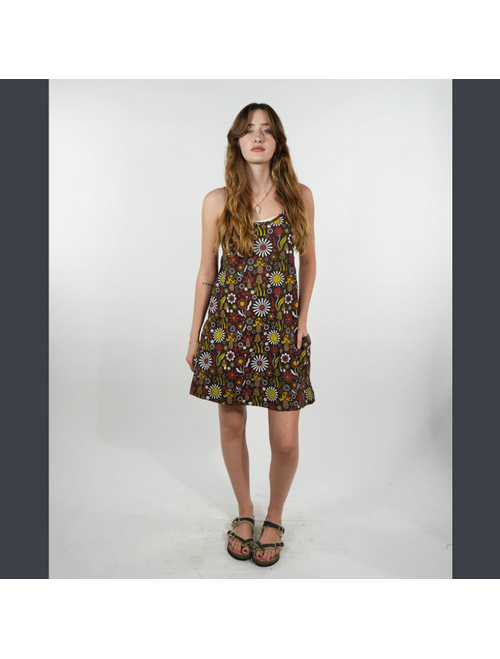 Women's Cotton Spandex Groovy All Over Mushroom Print Adjustable Spaghetti Strap Mini Dress Dress w/ Pockets & Front Zipper Pocket