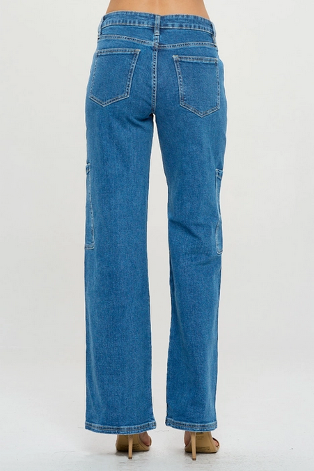 Women's Mid Rise Medium Wash Wide Leg Cargo Jeans
