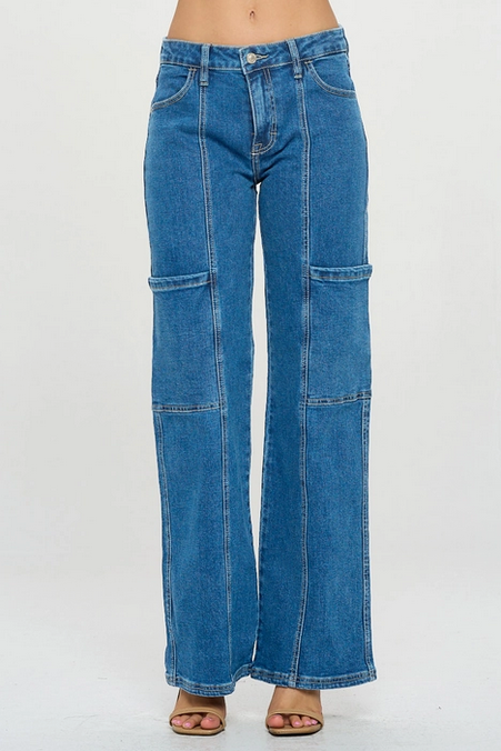 Women's Mid Rise Medium Wash Wide Leg Cargo Jeans