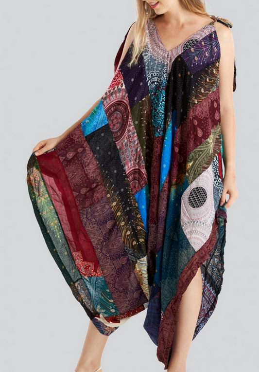 Women's Rayon Mixed Patchwork Sleeveless Tie-Up Jumpsuit