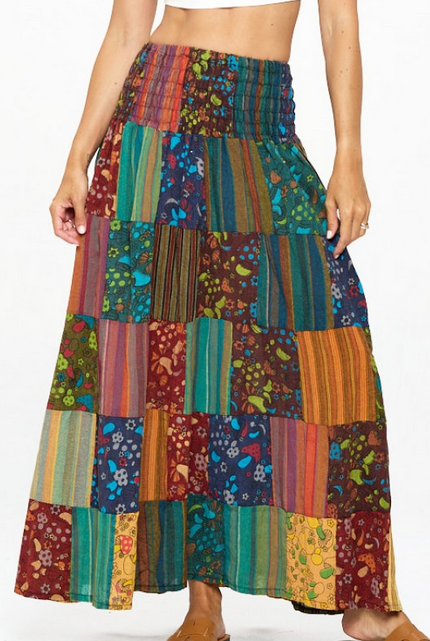 Women's Cotton Mixed Mushroom Patchwork Elastic Waist Long Skirt