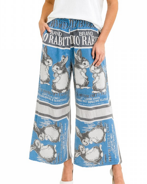 Women's Cotton Vintage Rick Sack Print Side-Slit Wide Leg Pants