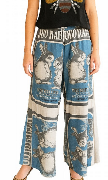 Women's Cotton Vintage Rice Sack Block Print Wide-Leg Pants