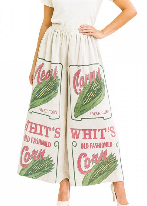 Women's Cotton Vintage Rice Sack Print Side-Tie Large Waist Pants