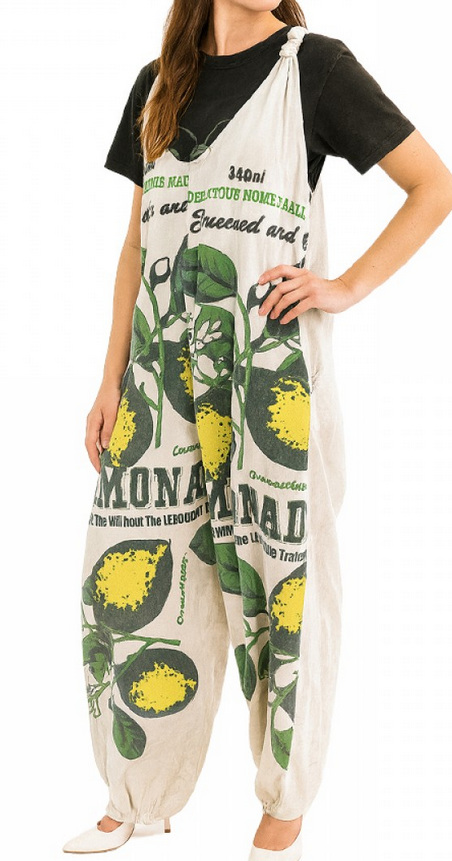 Women's Cotton Vintage Rice Sack Print Elastic Ankle Overalls