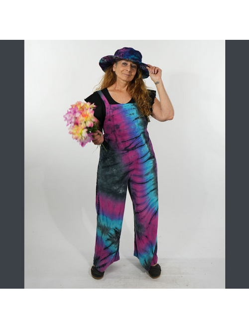 Women's Cotton Wide Leg Tie Dye Overalls w/ Elastic Straps