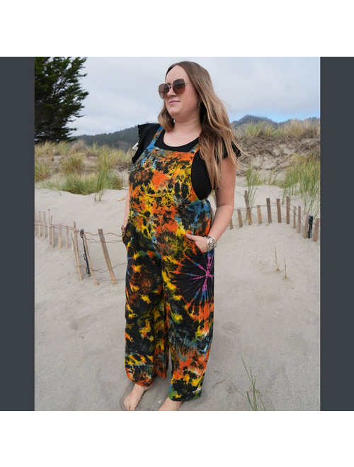 Women's Cotton Wide Leg Tie Dye Overalls w/ Elastic Straps