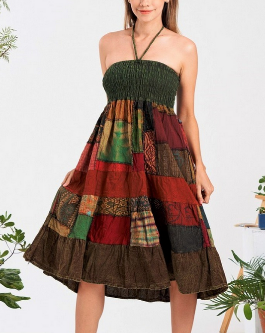 Women's Cotton Mixed Patchwork Dual-Use Sleeveless Skirt Dress