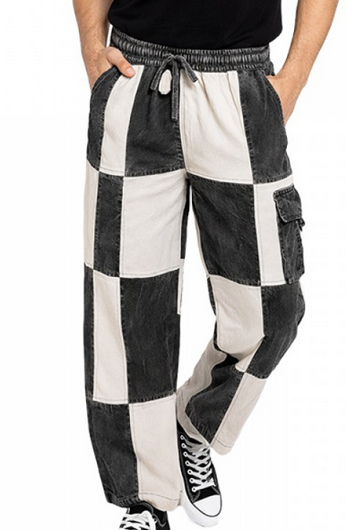 Unisex Cotton Checkered Patchwork Drawstring Pants