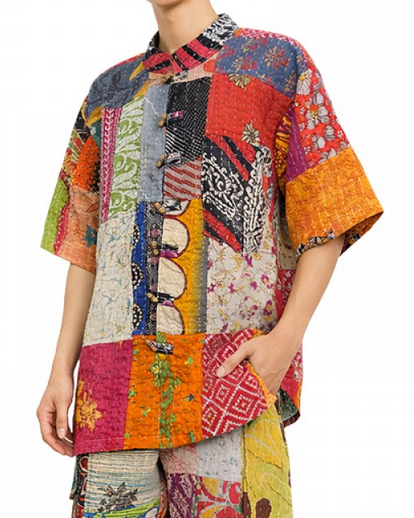 Men's Cotton Patchwork Kantha Frog Button Shirt