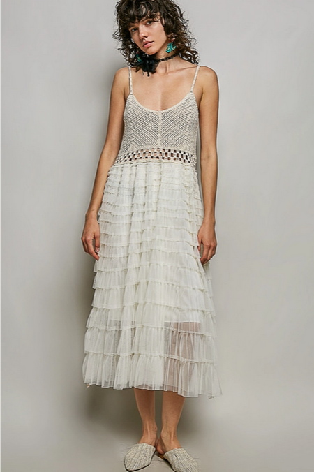 Women's Sleeveless Crochet Lace Ruffle Dress O/S