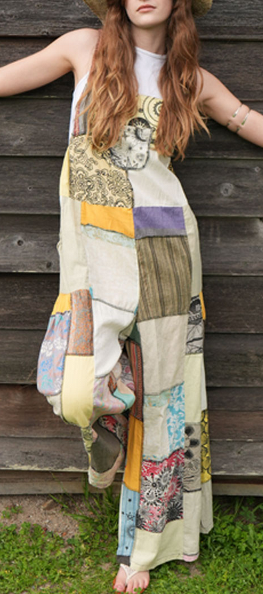 Women's Cotton Patchwork Wide-Leg Stretchy Strap Overalls
