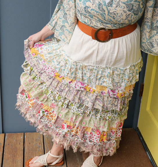 Women's Cotton Tiered Patchwork Frayed Hem Maxi Skirt