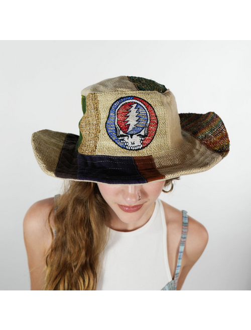 Gherri Cotton & Woven Hemp Patchwork Sun Hat w/ Tonal Grateful Dead Embroidery