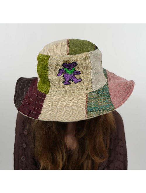 Gherri Cotton & Woven Hemp Patchwork Sun Hat w/ Tonal Grateful Dead Embroidery