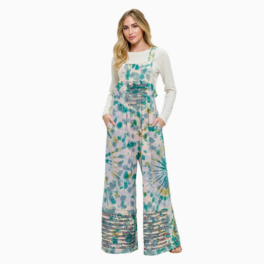 Unisex Tie Dye Razer Cut Patchwork Overalls