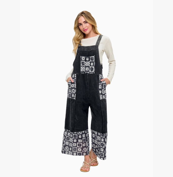 Unisex Vintage Wash Lace Patchwork Overalls