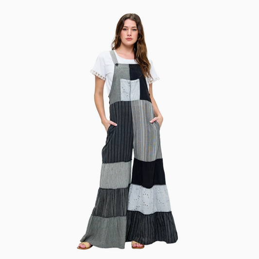 Unisex Boho Charcoal Patchwork Overalls