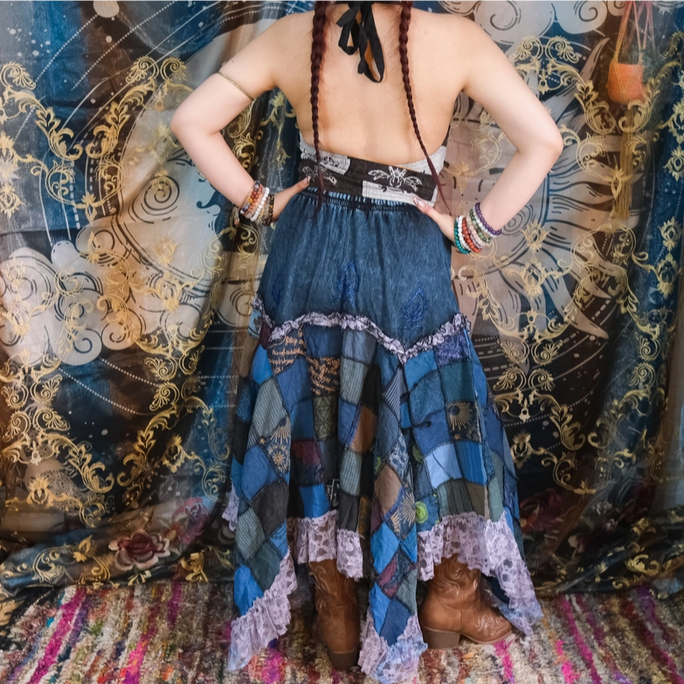 Women's Assymetrical Flowy Patchwork Skirt with Lace