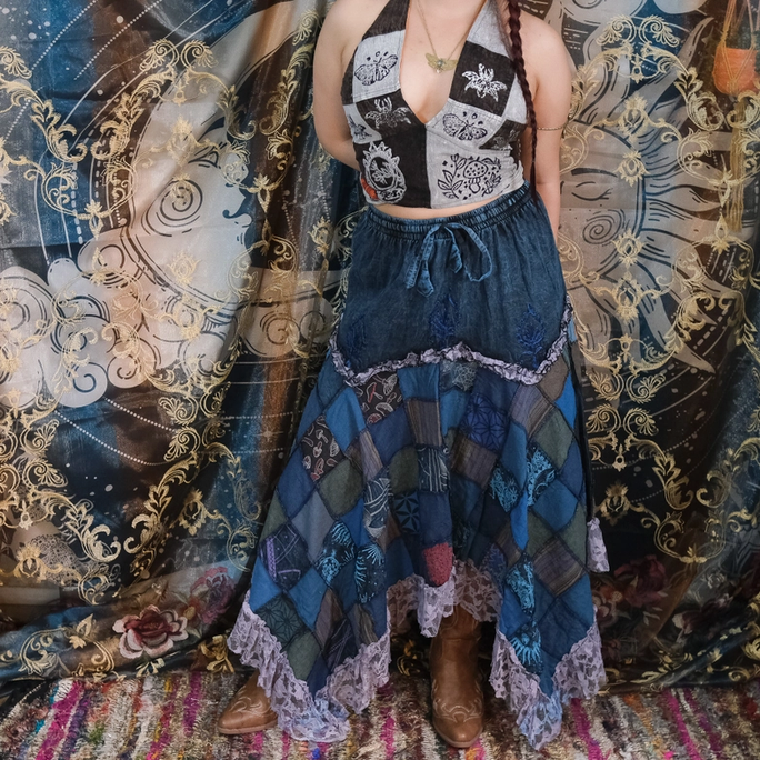 Women's Assymetrical Flowy Patchwork Skirt with Lace