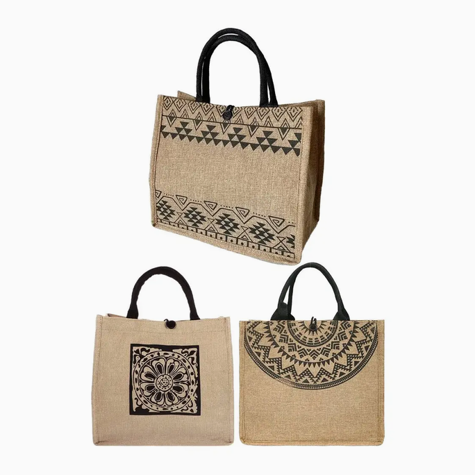 Boho Tribal Print Burlap Tote Bag
