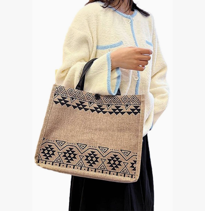 Boho Tribal Print Burlap Tote Bag