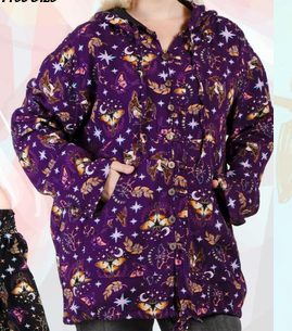 Women's Rayon Moon Moth Button-Up Hooded Lightweight Jacket