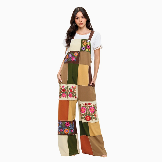 Unisex Floral Embroidered Patchwork Overalls