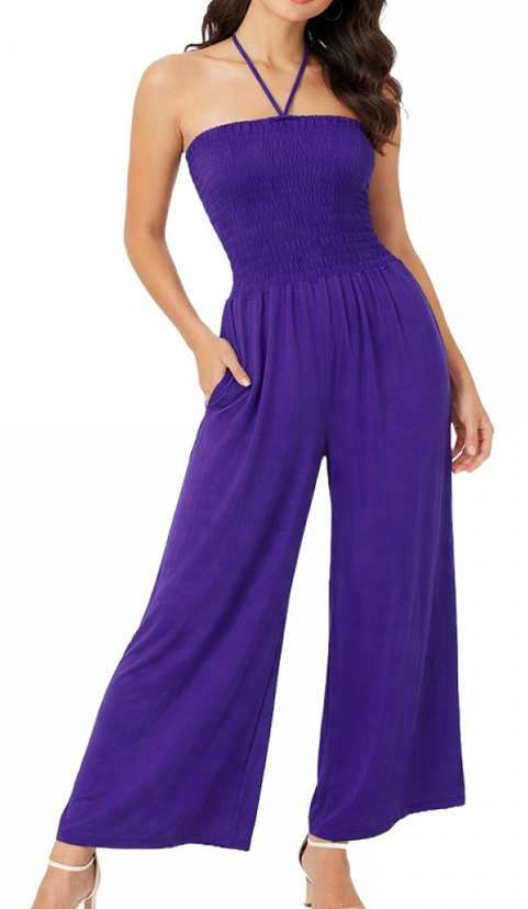 Women's Rayon Spandex Wide Leg V-Neck Tied Tube Jumpsuit