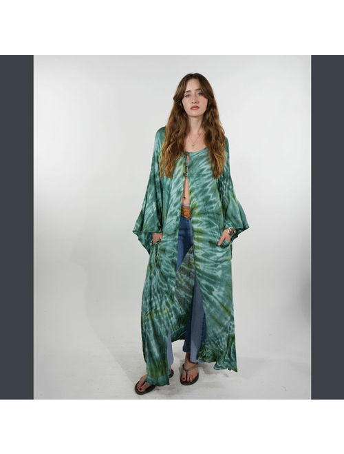 Women's Tie Dye Angle Cut Wide Sleeve 3 Button Long Duster w/ Bolt Embroidery & Pockets