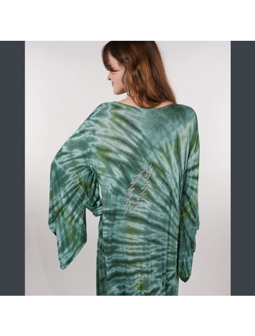 Women's Tie Dye Angle Cut Wide Sleeve 3 Button Long Duster w/ Bolt Embroidery & Pockets