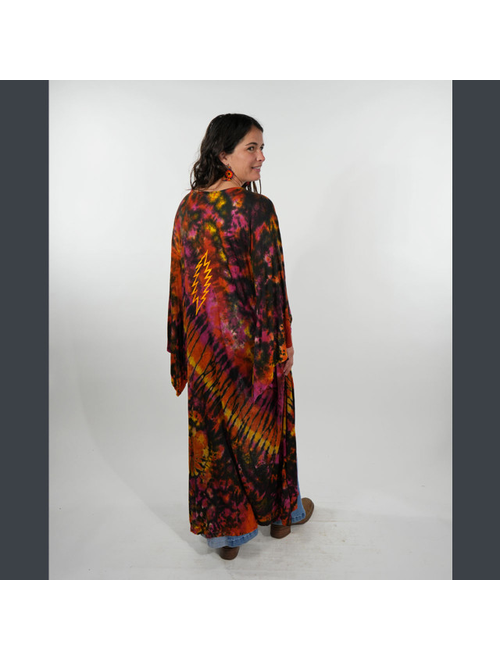 Women's Tie Dye Angle Cut Wide Sleeve 3 Button Long Duster w/ Bolt Embroidery & Pockets