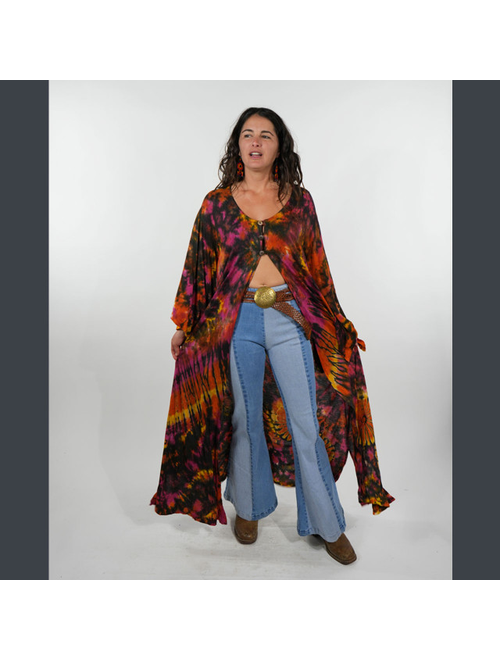 Women's Tie Dye Angle Cut Wide Sleeve 3 Button Long Duster w/ Bolt Embroidery & Pockets